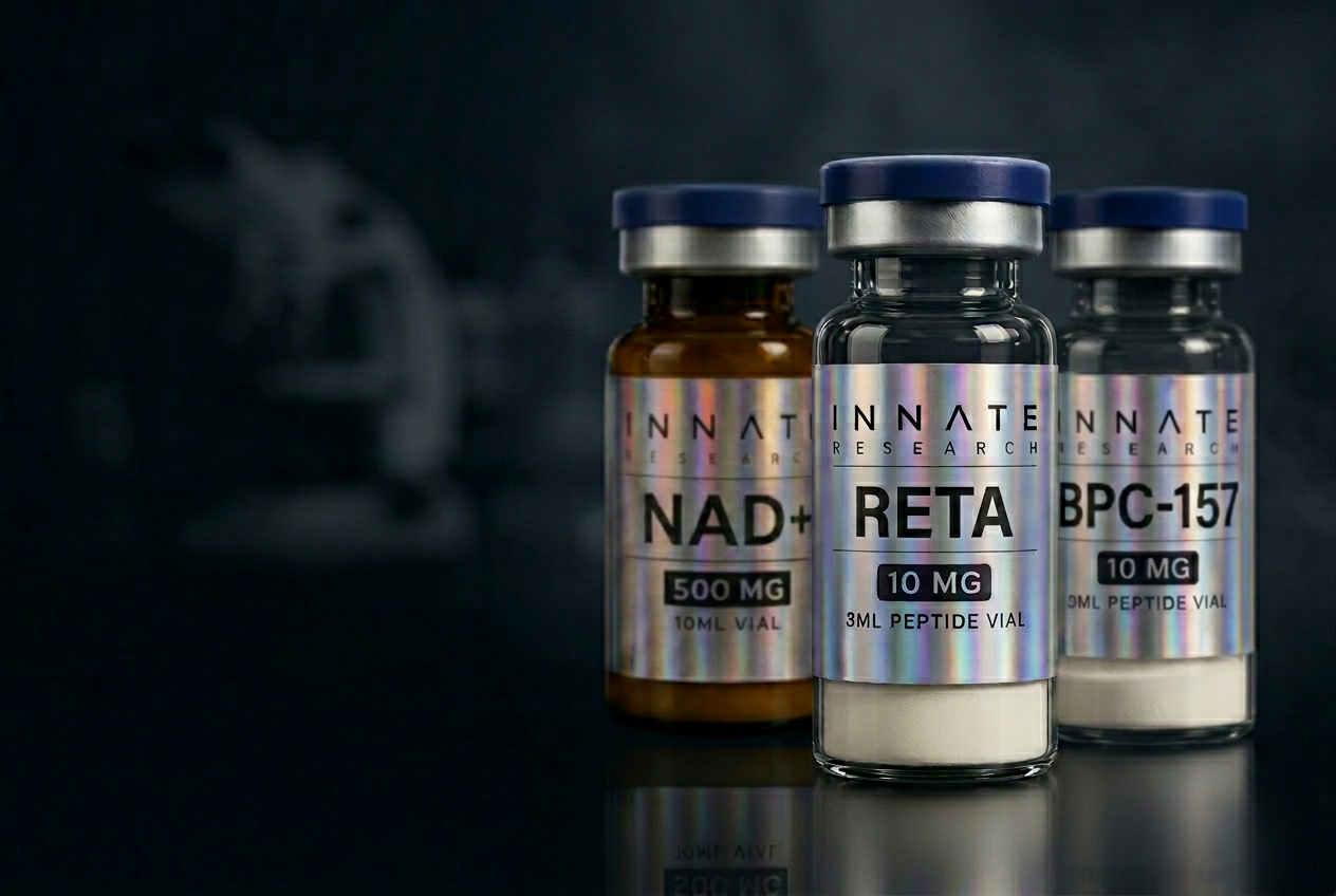 Innate Research premium peptide vials Reta, BPC-157, NAD+